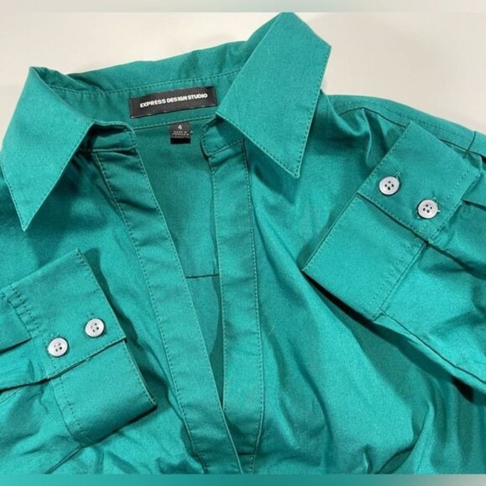 y2k Express Design Studio Shirt Dress W/4 Teal Green 3/4 Sleeve Knee Ln - Picture 14 of 14